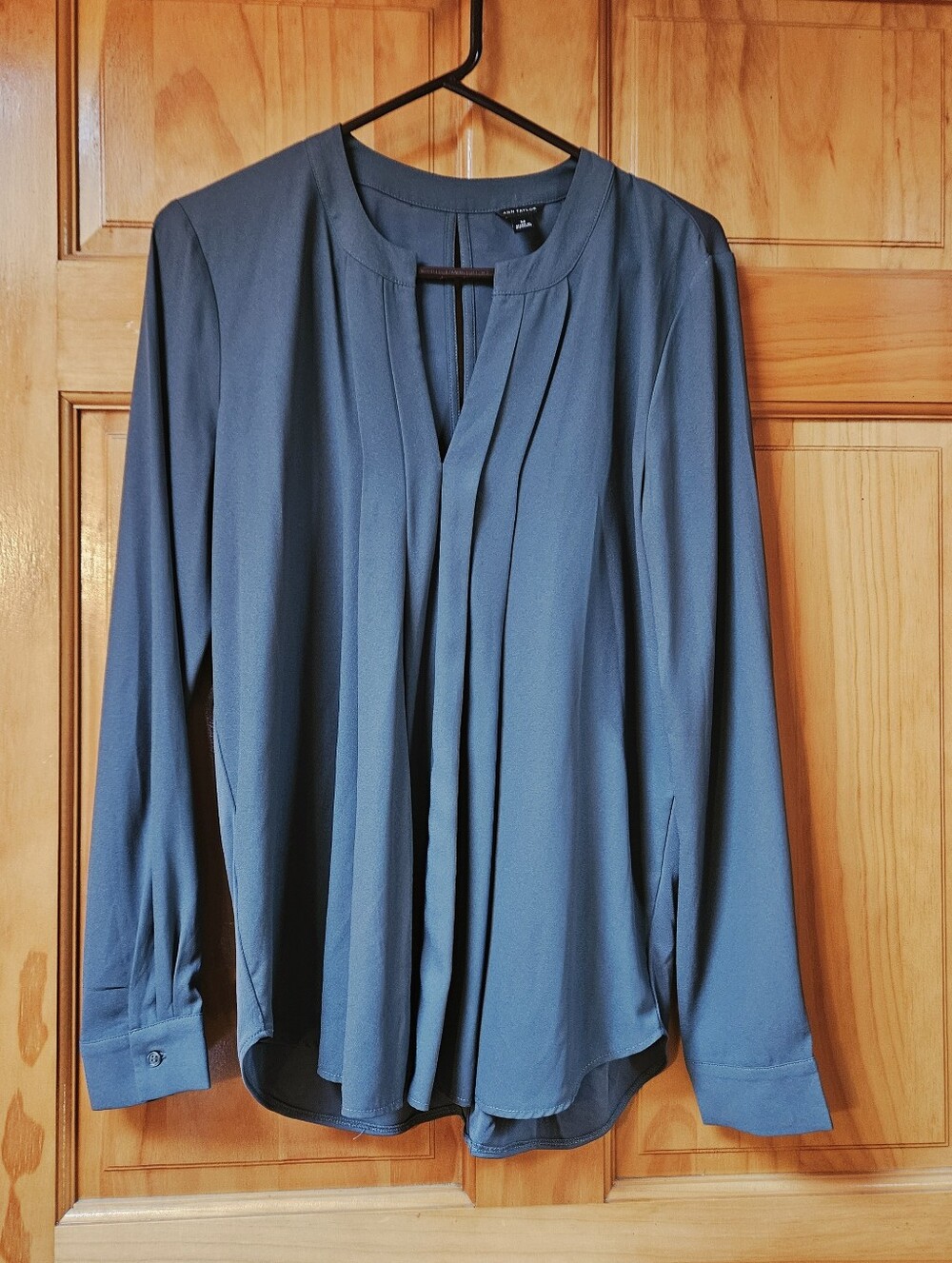 Ann Taylor Teal-Blue Gray Pleated Long-Sleeve Blouse